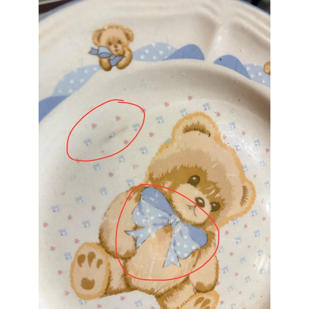 Vtg Tienshan Country Teddy Bear Ceramic Plates Set of 7‎ Blue Bow Stoneware